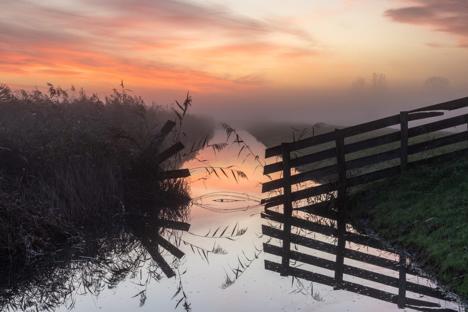 De rustige sloot wordt aan beide kanten geflankeerd door een hek en riet onder een rode met mist bedekte lucht tijdens zonsopkomst