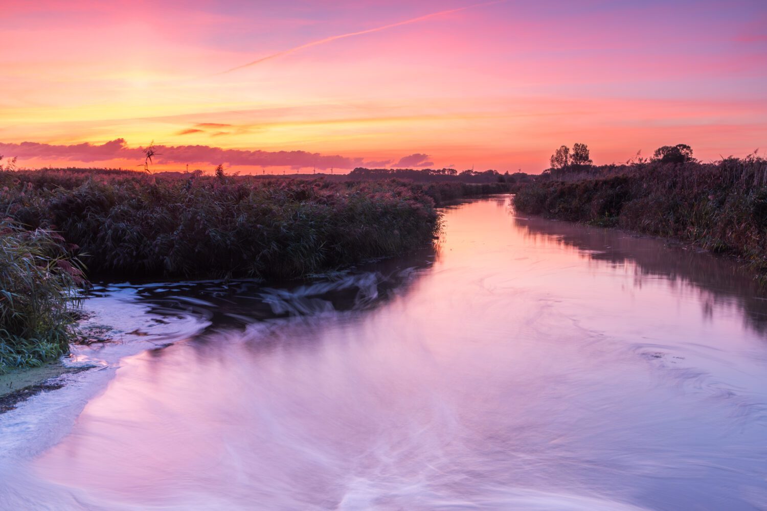 De lucht kleur roze, paars en oranje tijdens een mooie zonsopkomst boven de sloot en het weiland van natuurgebied Kruiszwin in Anna Paulowna