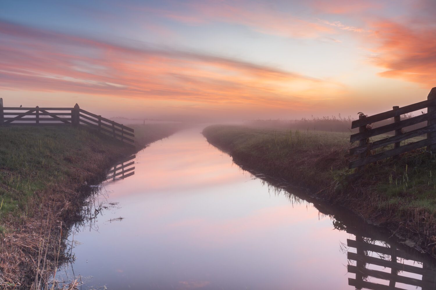 Prachtig gekleurde wolken in de mistige ochtend boven natuurgebied Kruiszwin waar een vogeltje op het hekwerk naast de kalme sloot ontwaakt