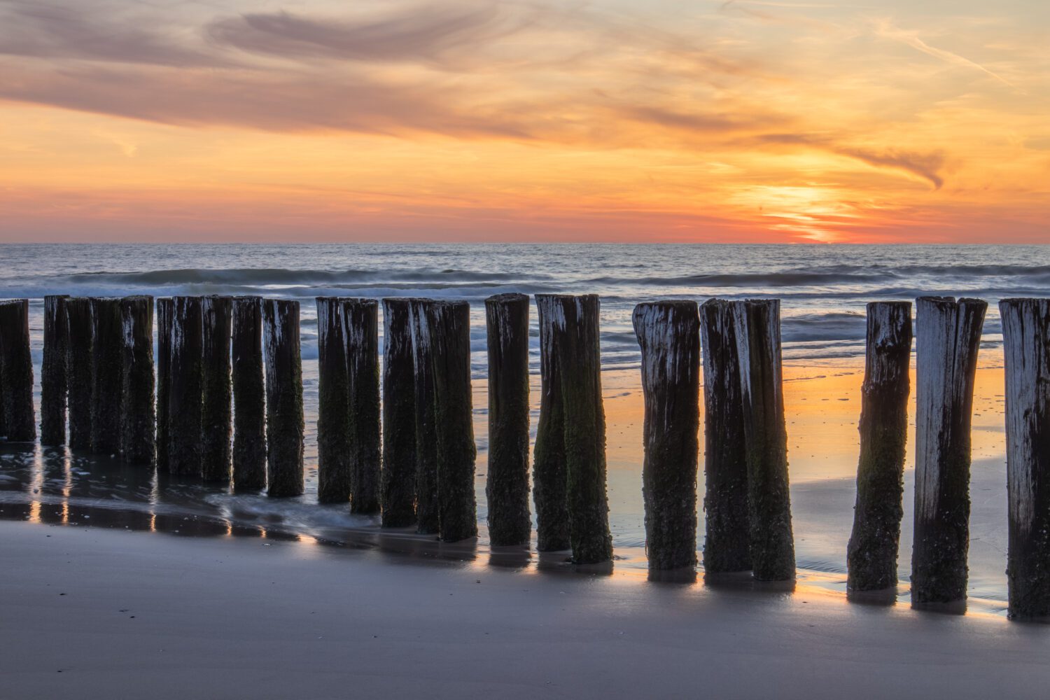 Een oranje gloed in de lucht en houten palen op het strand bij Schoorl zorgen voor een zomers plaatje van de Noordzeekust