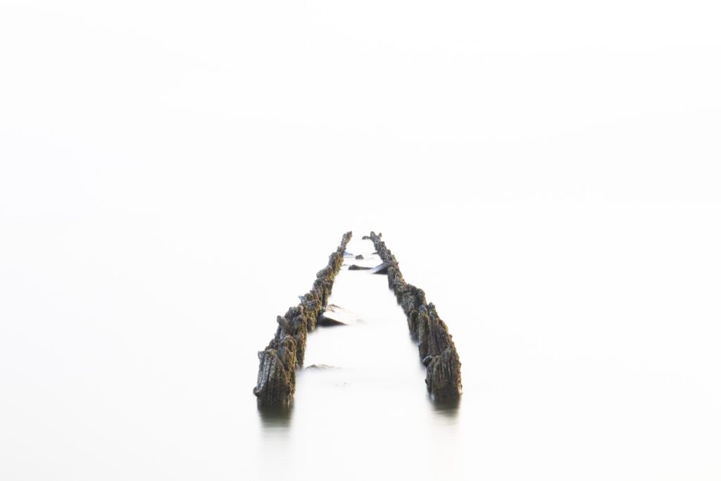 Een abstracte landschapsfoto van houten paaltjes in het IJsselmeer bij Hindeloopen