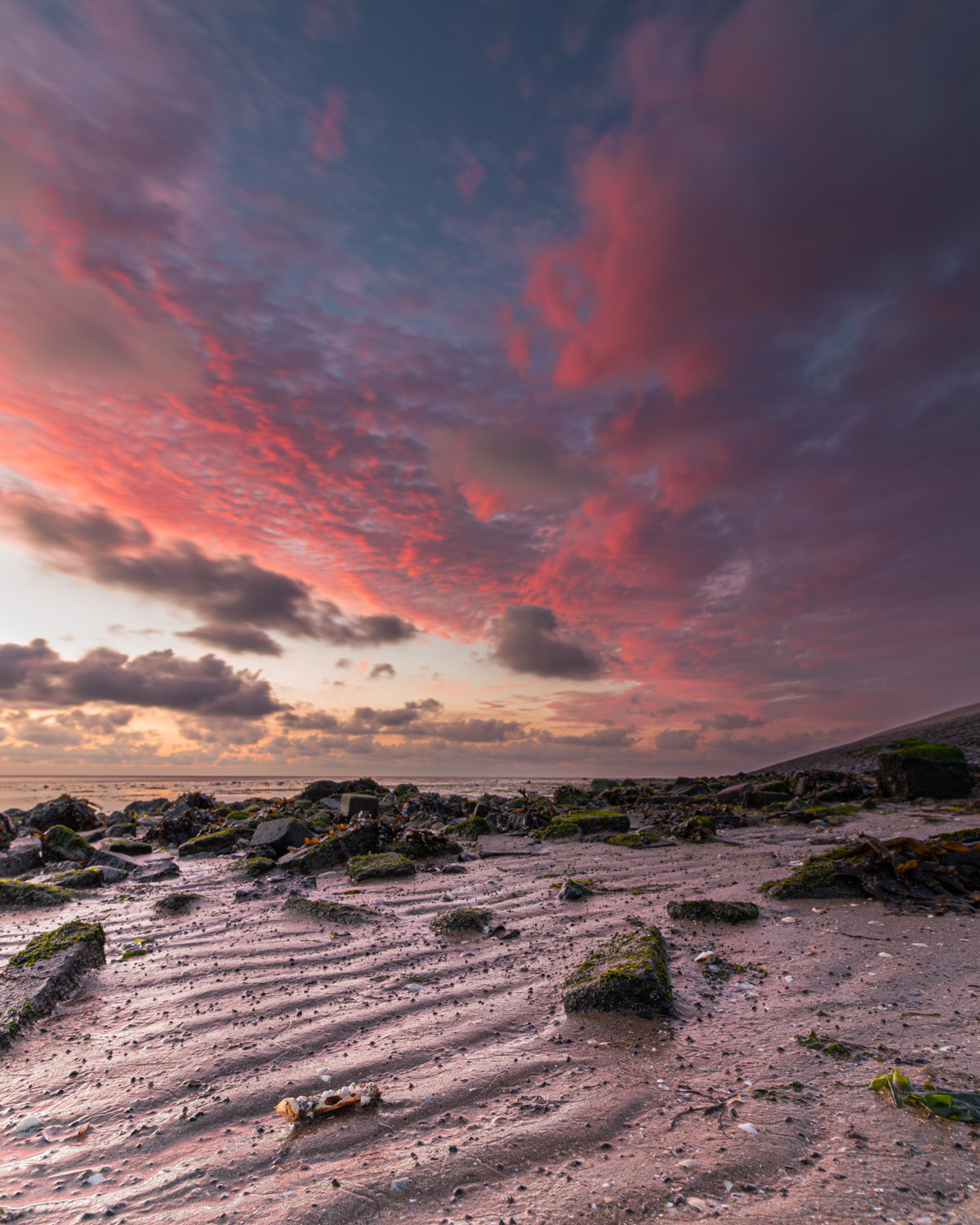 Eb op de Waddenzee zorgt ervoor dat stenen en schelpen op de bodem zichtbaar worden, terwijl in de lucht een rood kleurspektakel zich voltrekt tijdens zonsondergang.