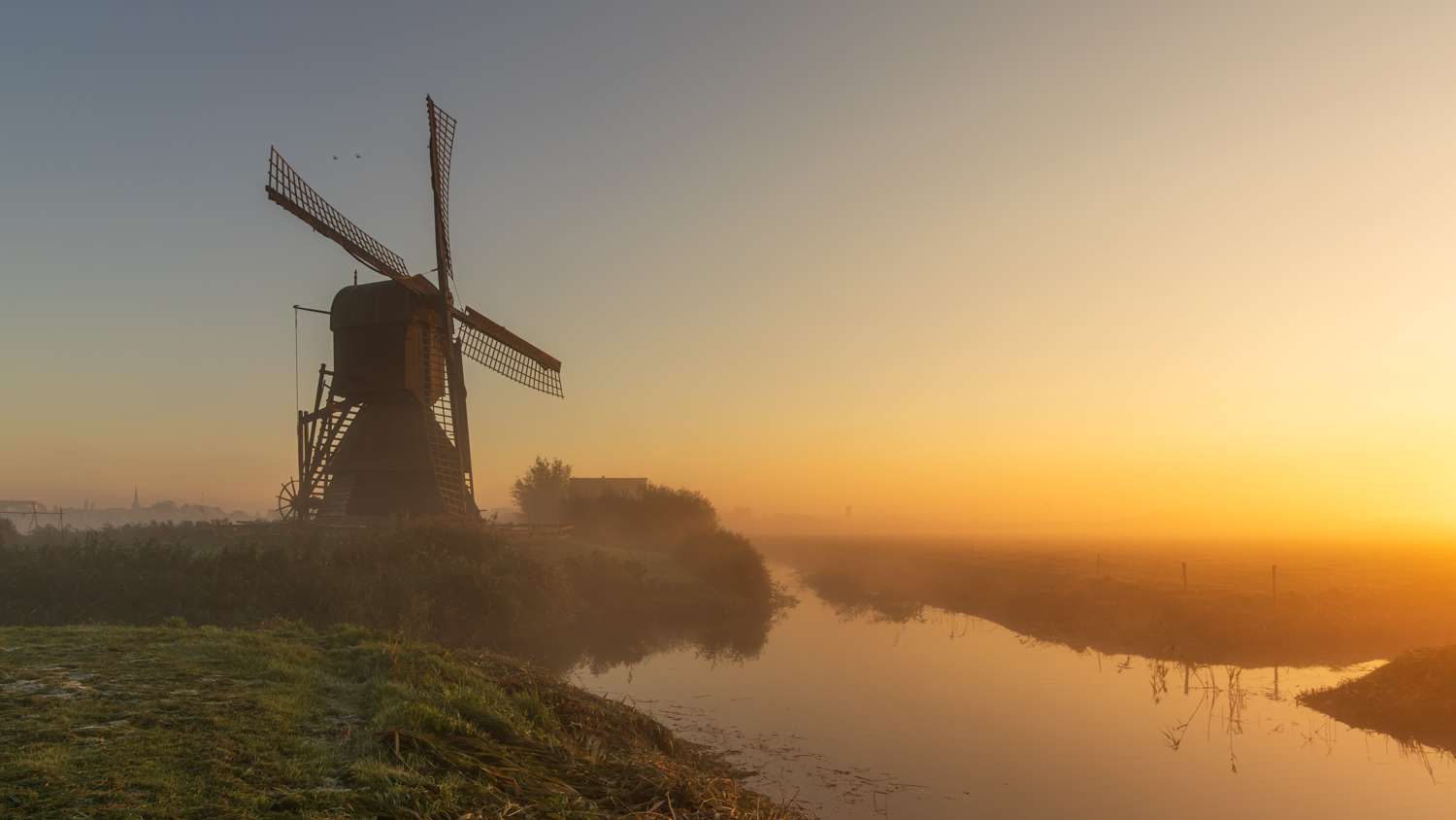 Wipmolen Weel en Braken in een mistig weiland dat goud kleurt door de opkomende zon.