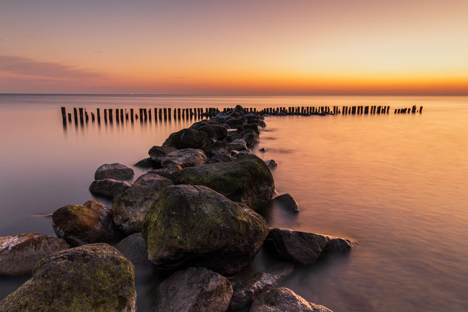 Golfbreker van basalt blokken en houten palen in het IJsselmeer wordt verlicht door oranje gele gloed van de opkomende zon