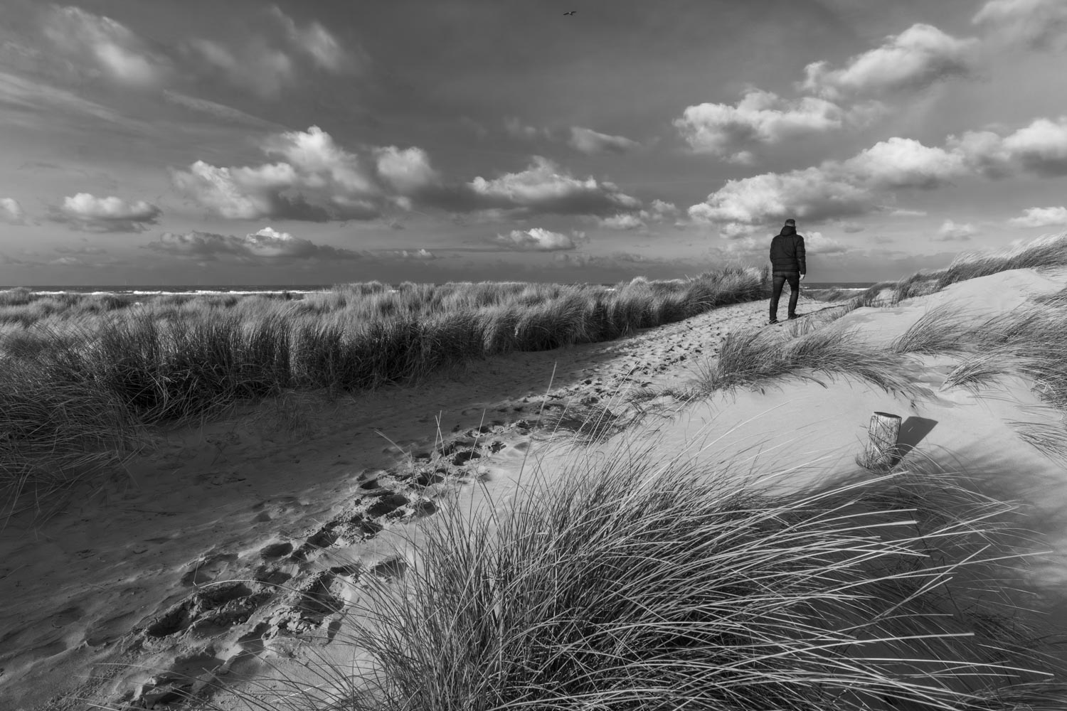 Zwartwit foto van een wandelaar aan het einde van een zandpand door de duinen uitkijkend over zee.